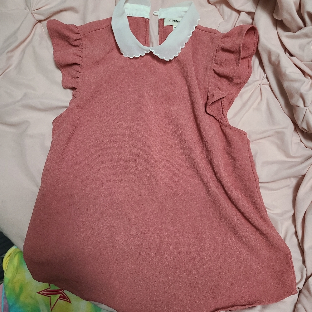 Pink collar short sleeve blouse